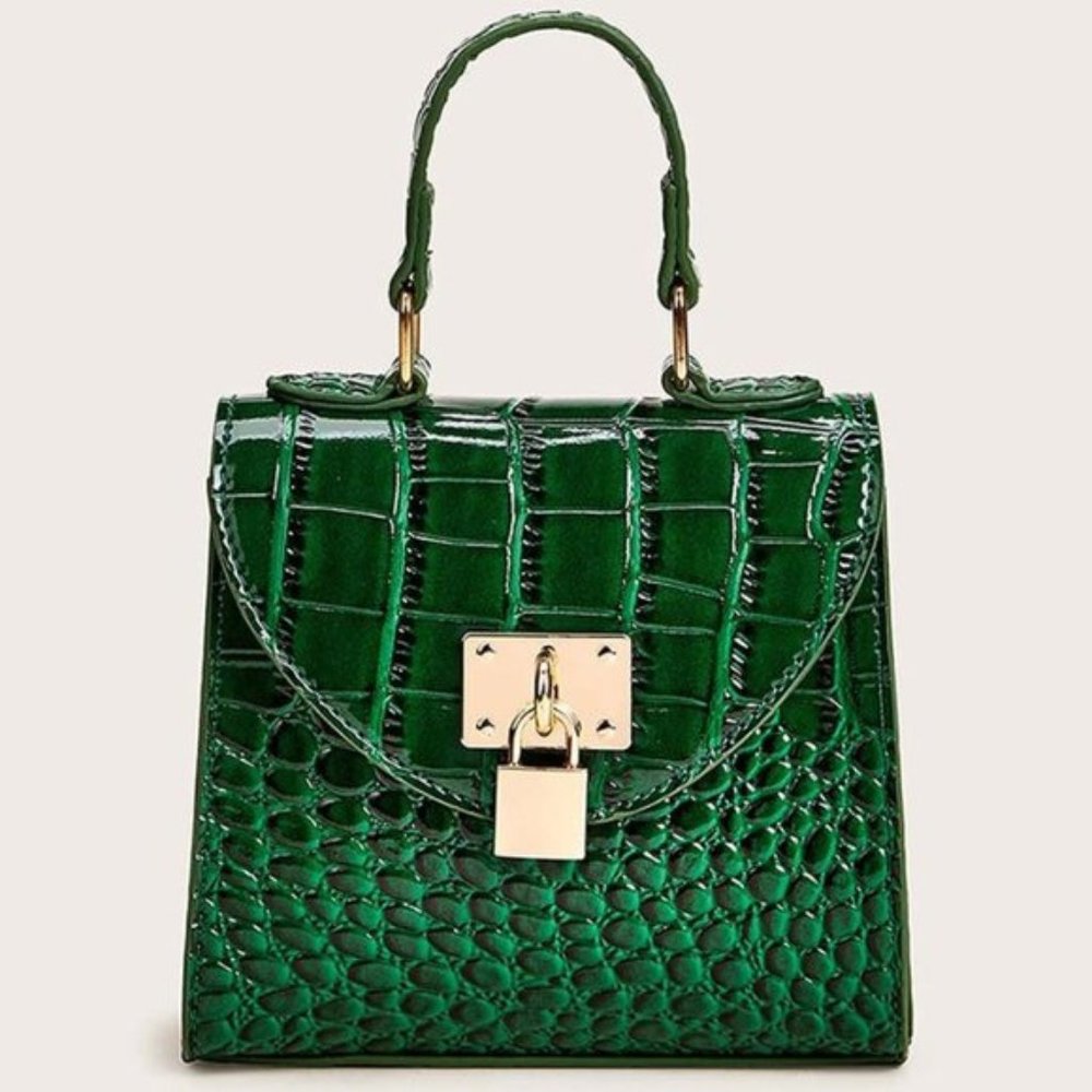 Green Crocodile Print Hand Bag